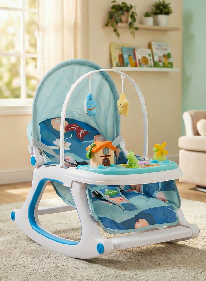 BAYBEE 3 in 1 Baby Rocker & Feeding Chair | Baby Rocking Chair for Kids with Soothing Rocking Motion, Adjustable Recline, Removable Food & Toy Tray, Safety Harness | Baby Rocker for Kids 0 to 3 Years Blue - Image 1